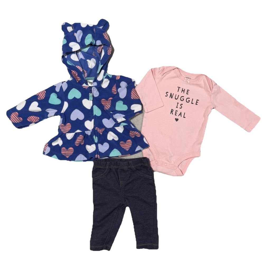 Carters Pink 3 Piece Set Baby Girl Outfit Sz 3 Months Jacket Leggings Top Hearts